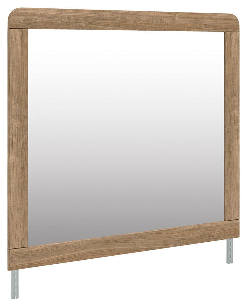 Signature Design by Ashley bedroom mirror in warm natural brown wood finish, showcasing a sleek rectangular mirror with a modern frame.