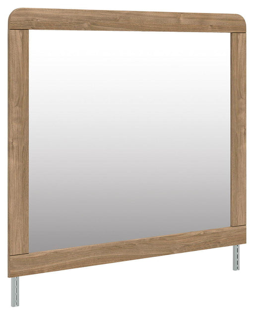 Signature Design by Ashley bedroom mirror in warm natural brown wood finish, showcasing a sleek rectangular mirror with a modern frame.