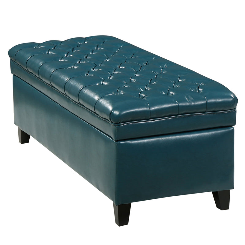 Noble House Juliana storage ottoman with beige fabric top and birch wood legs, providing stylish seating and hidden storage.