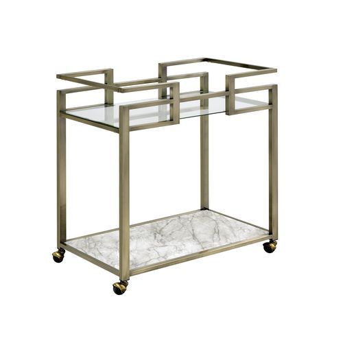 Neilo - Serving Cart - Clear Glass, Faux Marble Top & Wire Brass - R&R Furniture Gallery (Fountain Valley, CA)