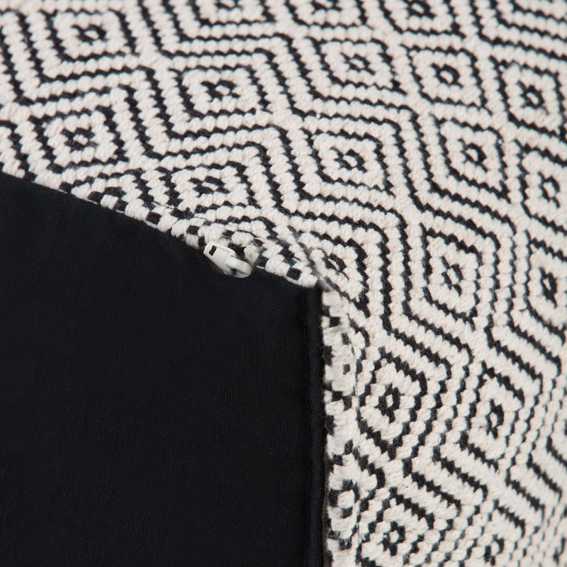 Simpli-Home Brynn square accent pouf with black and natural patterned fabric, versatile seating or footrest option.