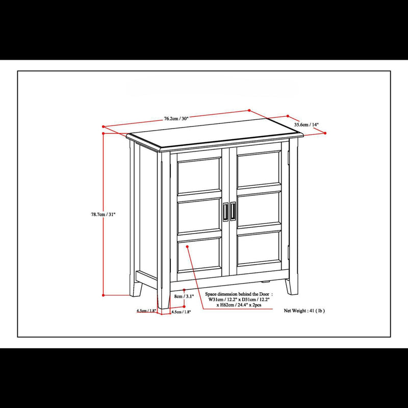 Simpli-Home Burlington handcrafted low storage accent cabinet with a natural wood finish and modern design.