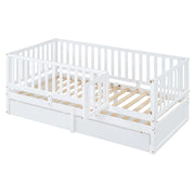 DreamHaus storage daybed with fence guardrails and two drawers, split into independent floor bed and daybed for versatile use.