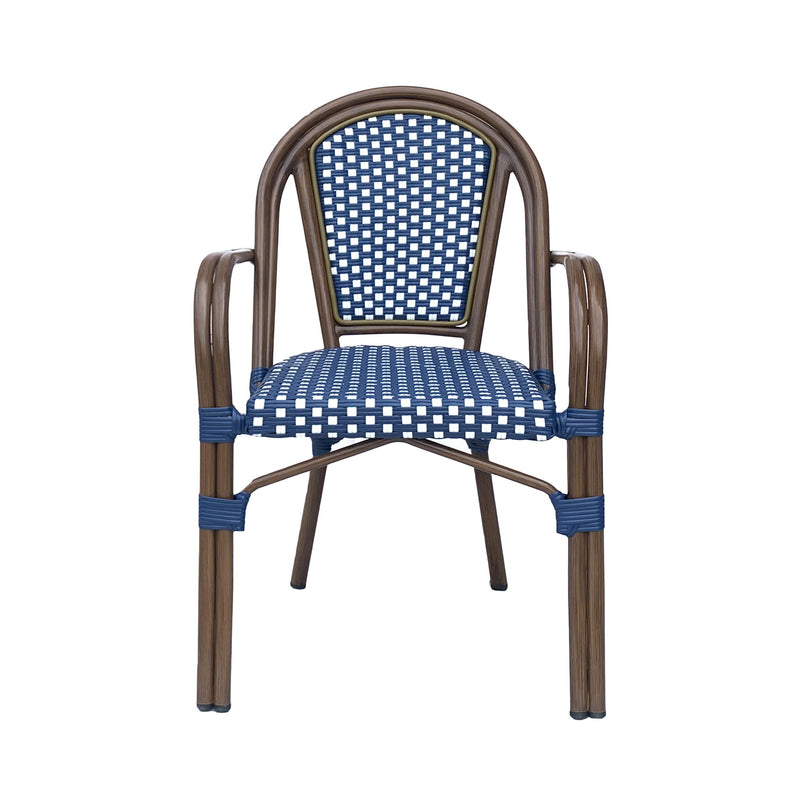 Set of 2 Noble House bistro chairs with white and navy two-toned checkered fabric upholstery, featuring a classic design.