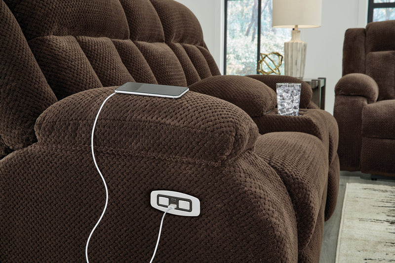 Free Wake - Double Relcining Power Loveseat With Console - Chocolate - R&R Furniture Gallery (Fountain Valley, CA)