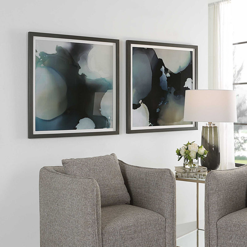 Set of 2 black abstract framed prints with telescopic design by Uttermost, showcasing modern artwork on a white background.