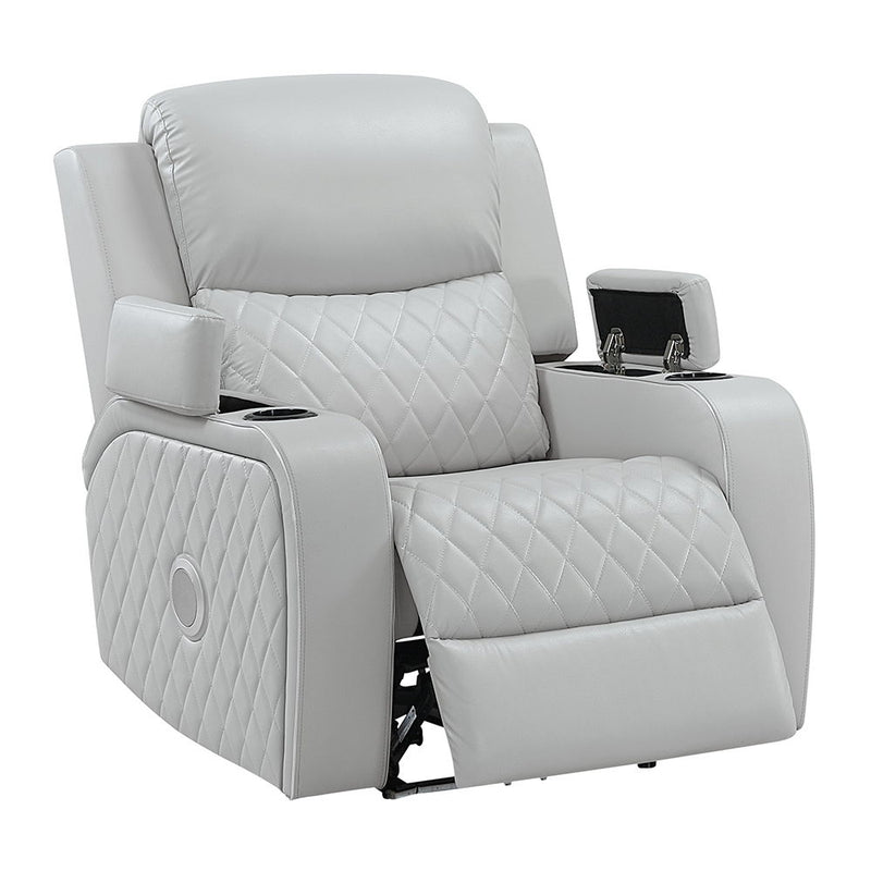 Elonzo - Power Motion Recliner With LED, Power Headrest & Speaker - Light Gray - R&R Furniture Gallery (Fountain Valley, CA)