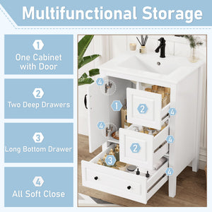 Freestanding Bathroom Vanity With Sink, Soft Closing Cabinet And Drawers - White