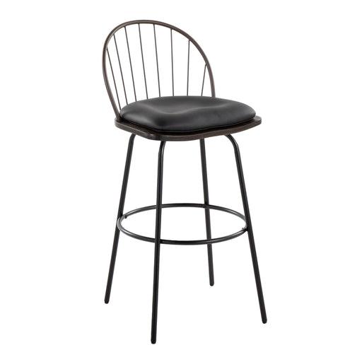 Pair of Lumi Source Riley Claire Farmhouse fixed height barstools with swivel, round footrest, and wooden seats.