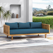 Noble House Claremont 3 Seater Daybed sofa with teak acacia wood frame and water-resistant cushions, ideal for outdoor lounging.