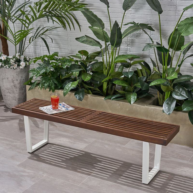 Noble House Intrinsic outdoor dining bench with slat top, sturdy wooden construction, ideal for patio or garden seating.