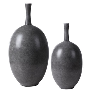 Set of two black Riordan modern vases by Uttermost with sleek, minimalist design for stylish home decor.