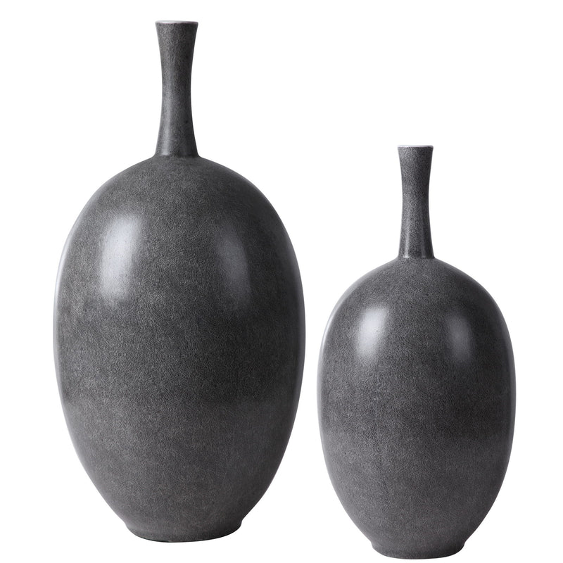 Set of two black Riordan modern vases by Uttermost with sleek, minimalist design for stylish home decor.