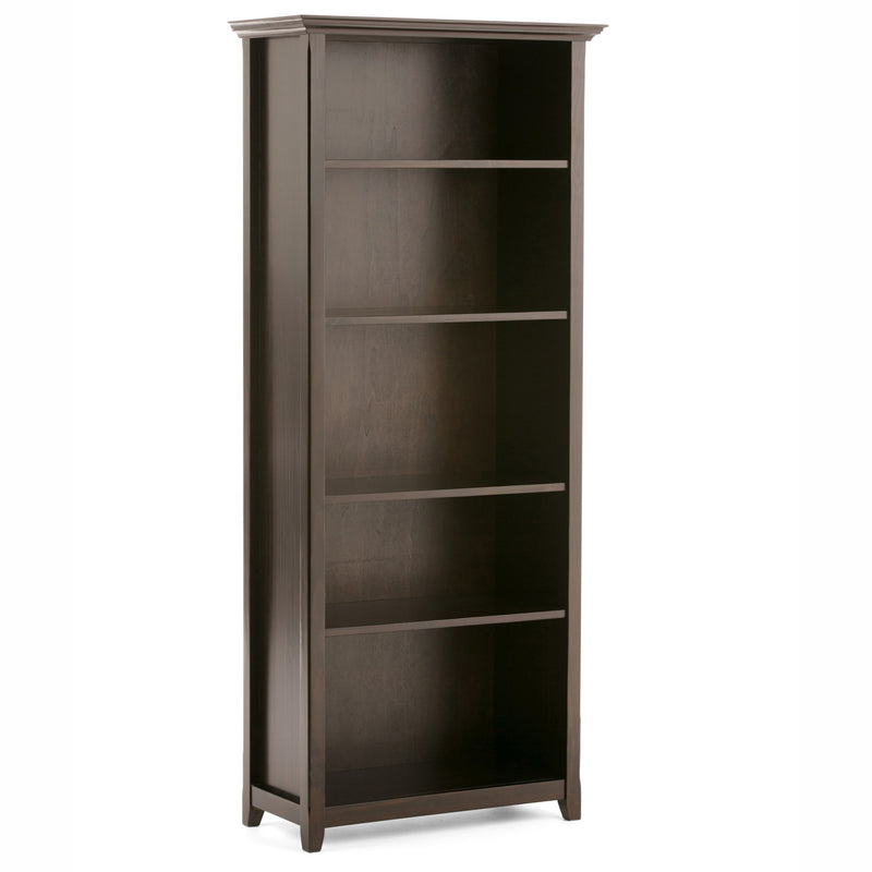Handcrafted Amherst 5 Shelf Bookcase by Simpli-Home showing wooden shelves and sturdy frame in a natural finish.