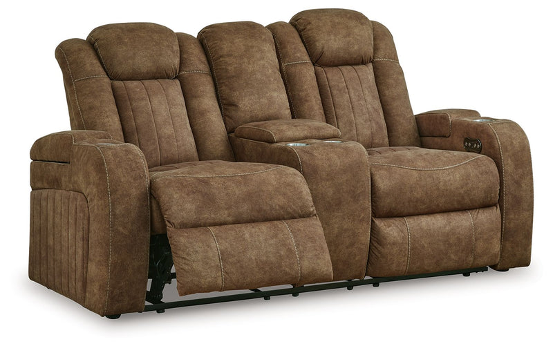 Wolfridge - 2 Pc. - Power Reclining Sofa, Power Reclining Loveseat With Console - Brindle - R&R Furniture Gallery (Fountain Valley, CA)