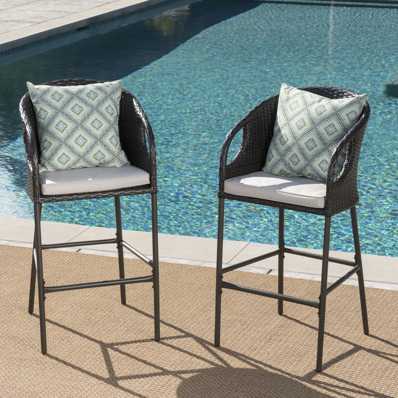 Outdoor 31" Rattan Barstools With Waterproof Cushions (Set of 2) - Multi Brown - R&R Furniture Gallery (Fountain Valley, CA)