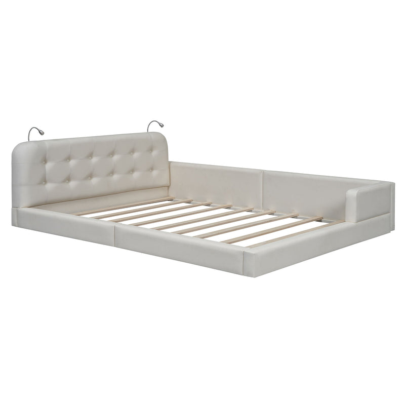 Queen Size Upholstered Platform Bed With 2 Reading Lights - White - R&R Furniture Gallery (Fountain Valley, CA)