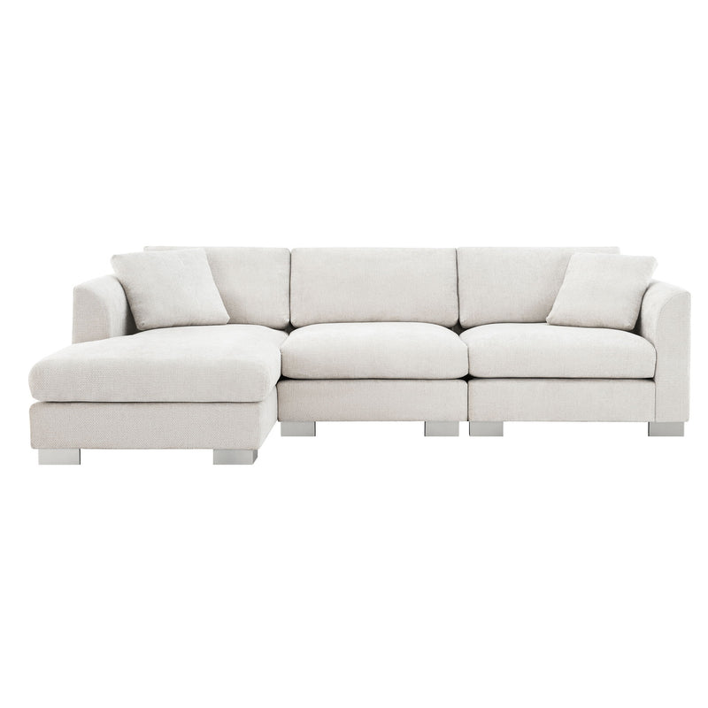 Modern Luxe & Co. cloud L-shaped sectional sofa with oversized chaise, includes two pillows, four seats, and a luxurious design.