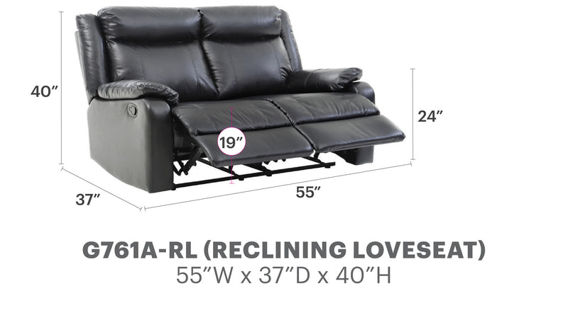 Glory Furniture stylish reclining loveseat for two, featuring plush cushions and modern design, perfect for cozy living room seating.