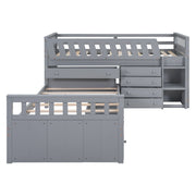 DreamHaus loft platform bed with seven drawers, full guardrails, and a modern L-shaped design for space saving.
