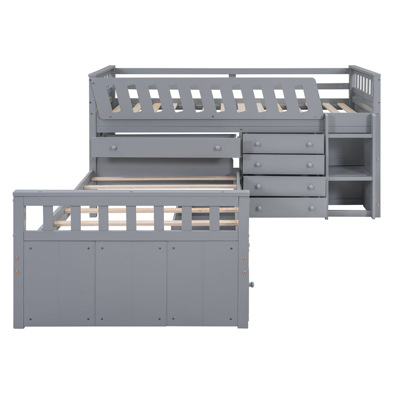 DreamHaus loft platform bed with seven drawers, full guardrails, and a modern L-shaped design for space saving.