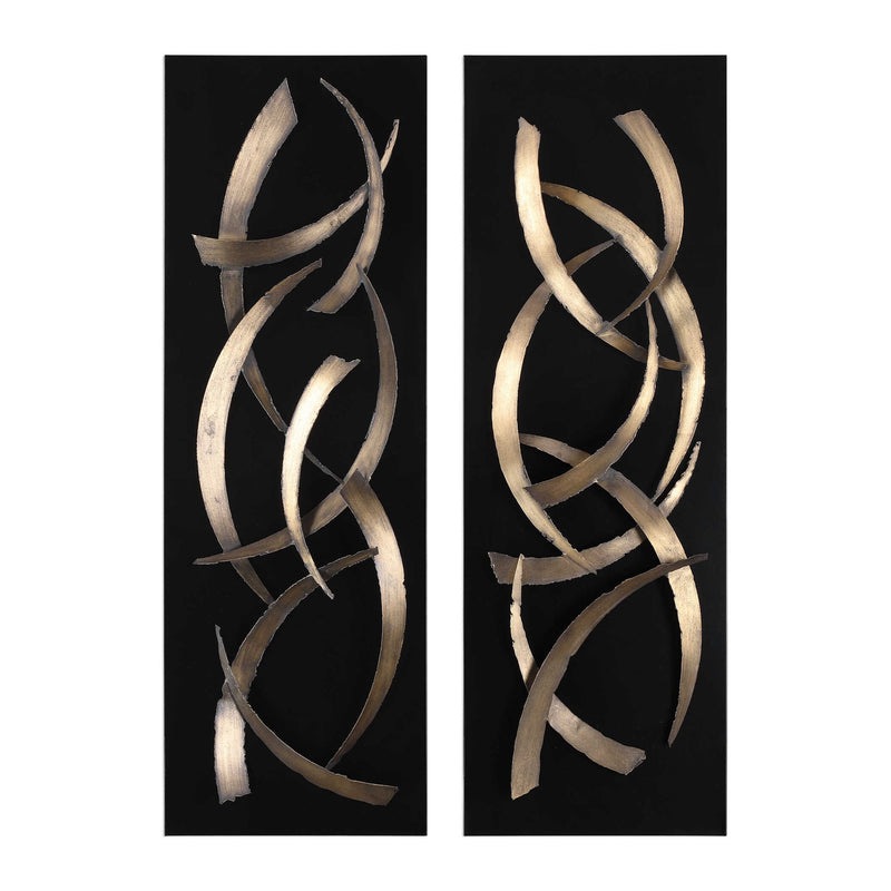 Set of two black metal wall art pieces featuring abstract brushstroke designs by Uttermost, ideal for modern wall decor.