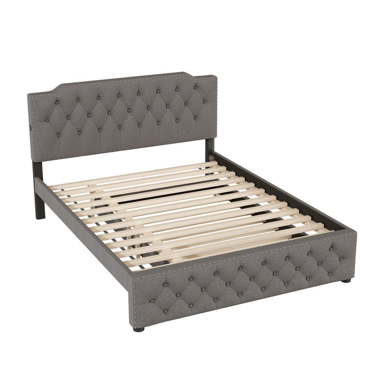 Upholstered Platform Bed With Trundle And 2 Sets Of USB Ports On Each Side, Fabric - R&R Furniture Gallery (Fountain Valley, CA)