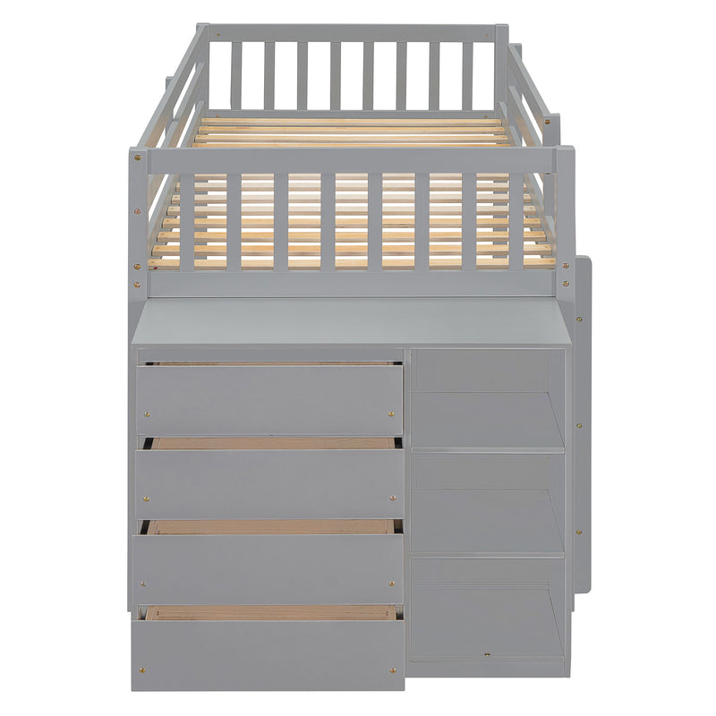 DreamHaus bunk bed with four drawers and three shelves, featuring sturdy wooden frame and space-saving design for bedrooms.