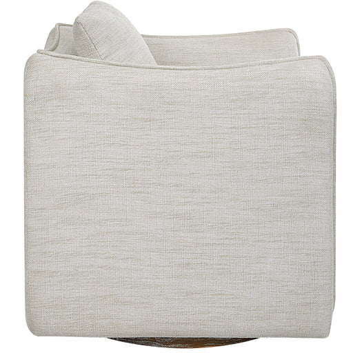 Uttermost Corben silver swivel armchair with cushioned seat and modern design, showcasing sleek metal base and comfortable padding.