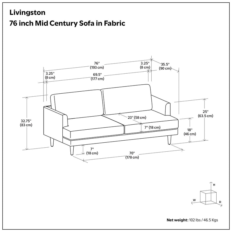 Livingston upholstered stationary sofa by Simpli-Home, featuring plush fabric and a modern design, shown in a living room setting.