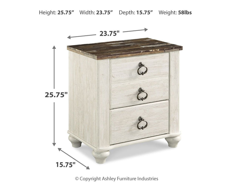 Willowton - Two Drawer Night Stand - Brown / Beige / White - R&R Furniture Gallery (Fountain Valley, CA)