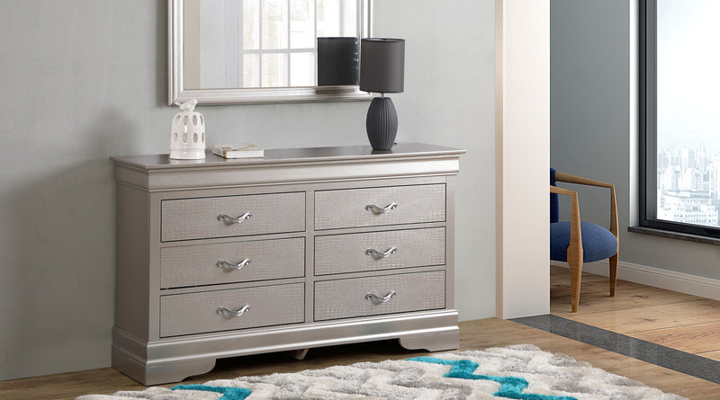Glory Furniture Lorana dresser with sleek drawers and modern design, featuring a smooth finish and elegant storage solution.