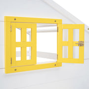 DreamHaus bunk bed with a playhouse roof and window, featuring a sturdy frame and cozy design for children's bedroom.