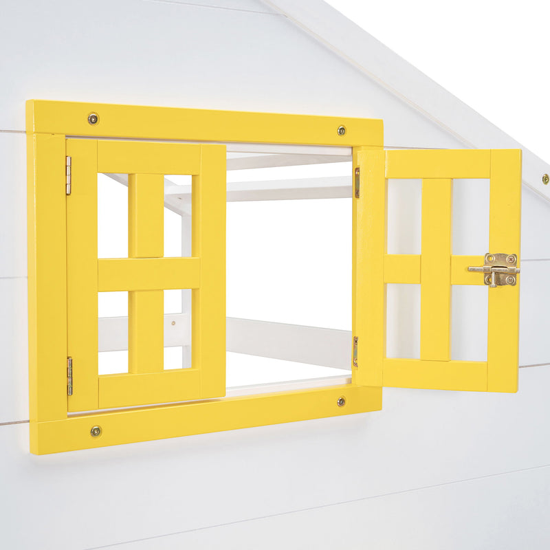 DreamHaus bunk bed with a playhouse roof and window, featuring a sturdy frame and cozy design for children's bedroom.