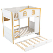 Dreamland bunk bed with house-shaped guardrails, built-in storage shelves, and a trundle for extra sleeping space.