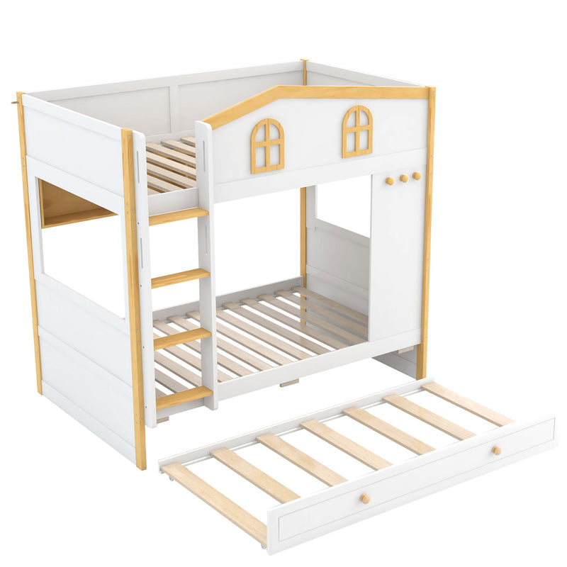 Dreamland bunk bed with house-shaped guardrails, built-in storage shelves, and a trundle for extra sleeping space.