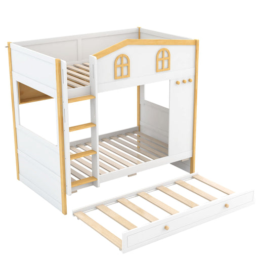 Dreamland bunk bed with house-shaped guardrails, built-in storage shelves, and a trundle for extra sleeping space.