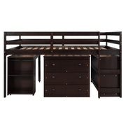DreamHaus loft low study bed with integrated cabinet, shelves, and rolling desk, showcasing multi-functional space-saving design.