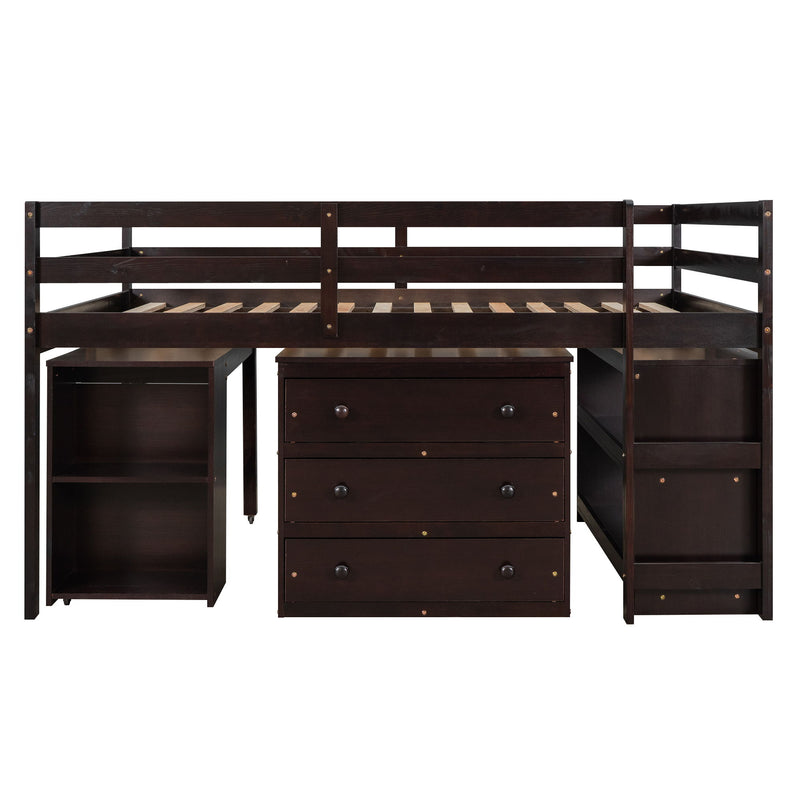DreamHaus loft low study bed with integrated cabinet, shelves, and rolling desk, showcasing multi-functional space-saving design.
