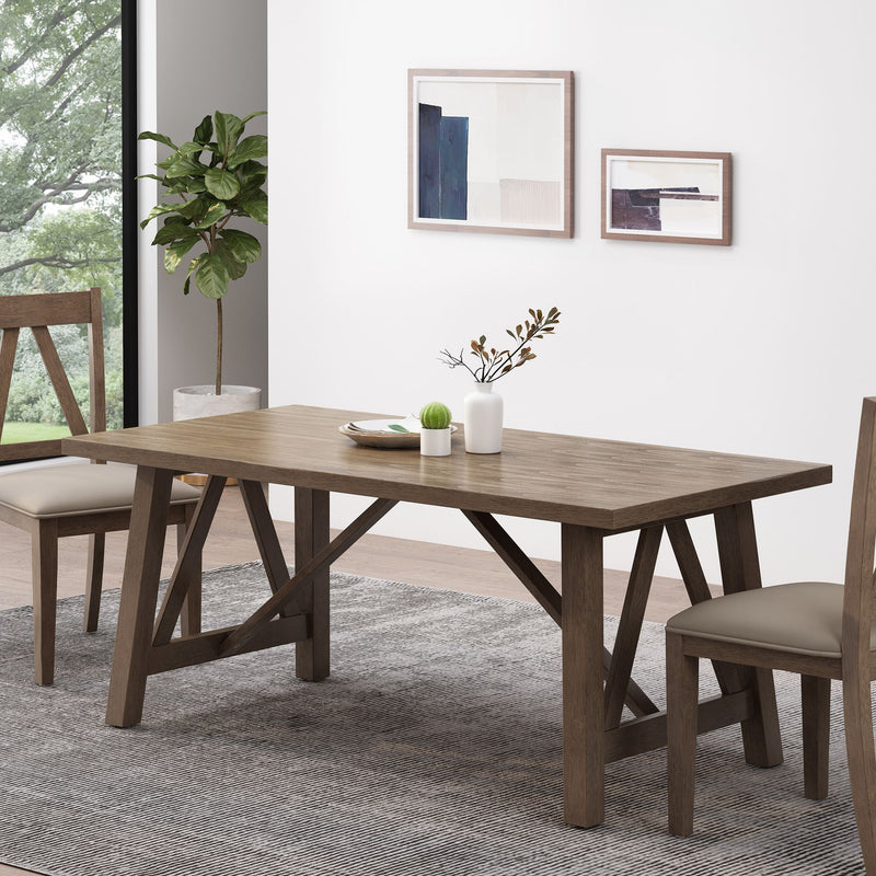 Noble House farmhouse style dining table with wood-like top, sturdy wood construction and spacious surface for family meals.