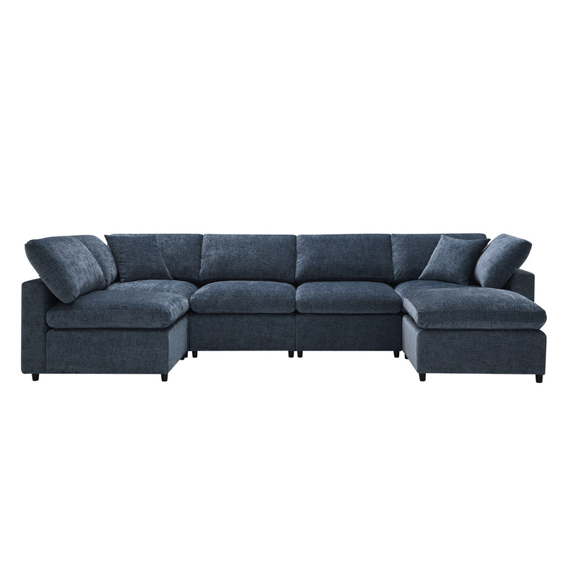 Luxe & Co. Modern modular cloud sofa bed with six seats, U-shaped sectional with ottoman, perfect for living room lounging.