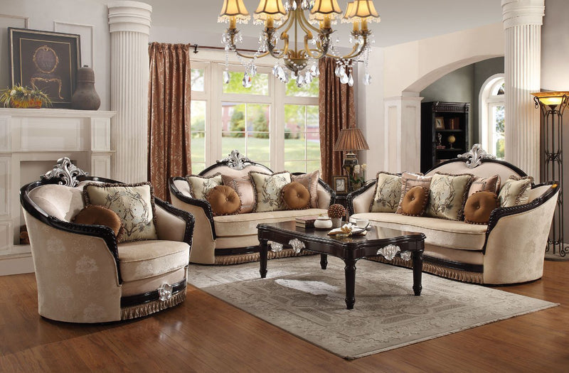 Ernestine - Sofa With 7 Pillows - Tan Fabric & Black - R&R Furniture Gallery (Fountain Valley, CA)