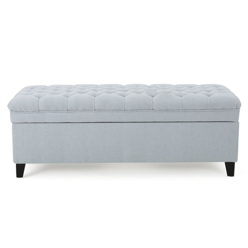 Noble House Juliana storage ottoman with birch wood legs and plush fabric, offering stylish seating and hidden storage.