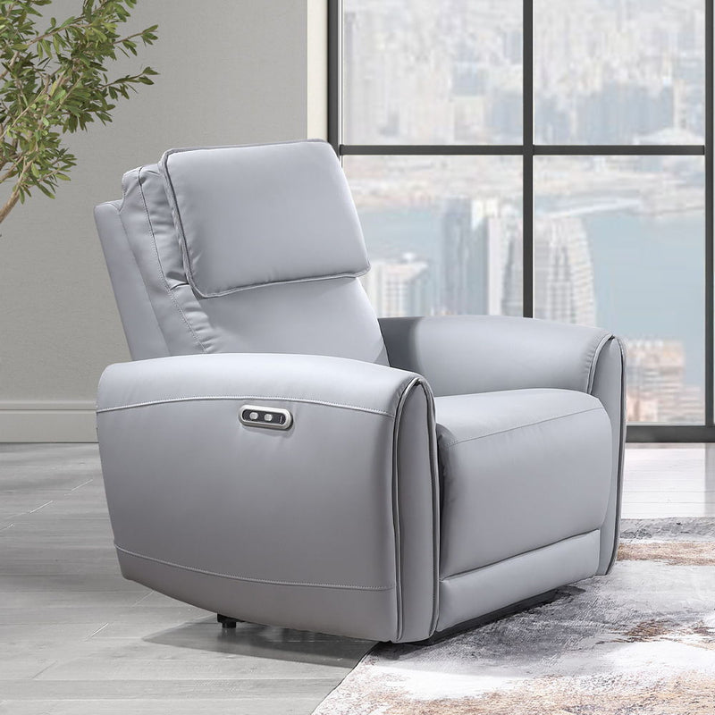 Gray synthetic leather ACME Jeromie power motion recliner with USB port, showing its plush cushioning and reclining mechanism.