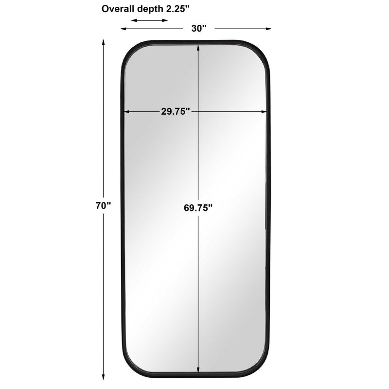 Black tall iron wall mirror with sleek, modern frame, designed by Uttermost for contemporary home decor.