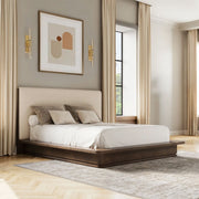 ACME Zoey upholstered bed with a padded headboard and stylish fabric upholstery, shown in a modern bedroom setting.