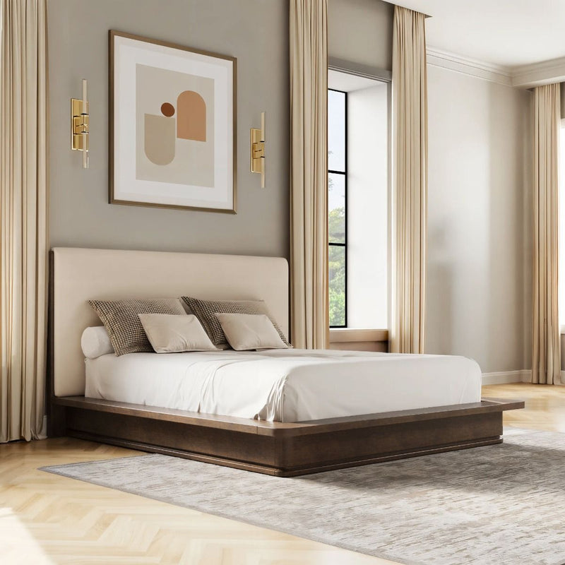ACME Zoey upholstered bed with a padded headboard and stylish fabric upholstery, shown in a modern bedroom setting.