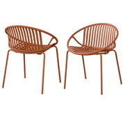 Set of two Noble House stackable outdoor chairs with breathable plastic backrests, ideal for patio or garden seating.