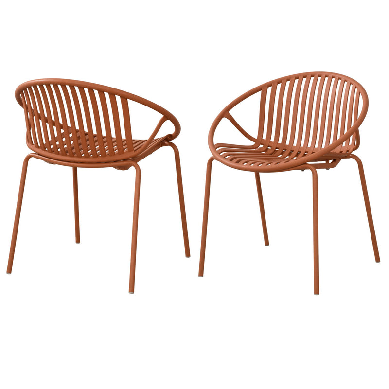 Set of two Noble House stackable outdoor chairs with breathable plastic backrests, ideal for patio or garden seating.