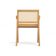 Set of two Noble House Chandigarh arm dining chairs with natural cane seats and wooden frames, showcasing elegant, modern design.